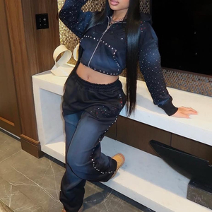 Women Cotton Tracksuit Set Skinny Fit Rhinestone Hoodie Set Breathable Streetwear Hip Hop Two Piece Jogging Suit Autumn - Product Image 1