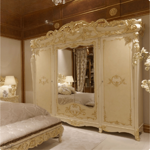Luxury French Classic Mahogany <b>Wardrobe</b> Ivory Finish Gold Accent Carving Mirror Door Elegant Bedroom Furniture Customized - Product Image 3