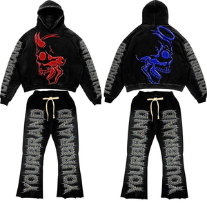 Ensemble de survêtement unisexe personnalisé style gothique Y2K avec sweat à capuche et pantalon large imprimé flamme tribale et masque, tenue streetwear deux pièces - Product Image 5