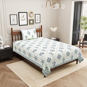 Draps plats pour lits simples en coton de qualité supérieure, imprimés avec des motifs végétaux multicolores, 1 housse de coussin incluse, 300 fils, écologiques - Product Image 1