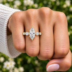 Anillo de compromiso con diamante cultivado en laboratorio de corte marquesa, oro macizo de 14K, halo oculto y engaste compartido, 2.75-5.75CT DEFVVS, certificado IGI, ODM - Product Image 2