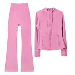 Set Sportivo da <span class=keywords><strong>Donna</strong></span> Personalizzato, Altamente Elastico <span class=keywords><strong>e</strong></span> Traspirante, Tinta Unita, con Giacca con Cappuccio <span class=keywords><strong>e</strong></span> Pantaloni a Zampa, Completo Yoga in Due Pezzi - Product Image 4