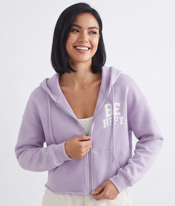 Women's Cropped Hoodie Zip Front Fleece <b>Sweat</b> Hoodie Casual Short Length Print Long Sleeve Autumn Wear Loose Fir Crop <b>Top</b> Ladies - Product Image 2