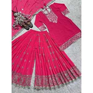 Top de fiesta para mujer de diseñador-Conjunto Plazzo y Dupatta con trabajo de bordado pesado - Product Image 3