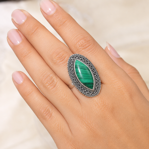 Natural Malachite Marquise Cut Sterling <b>Silver</b> Rose Gold Plated Boho <b>Statement</b> <b>Ring</b> for Women - Product Image 2