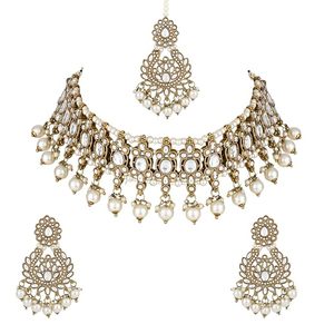 Parure de collier long et boucles d'oreilles en laiton indien plaqué or, alliage de zinc, motif floral traditionnel ethnique pour femme, avec micro-moissanite - Product Image 3