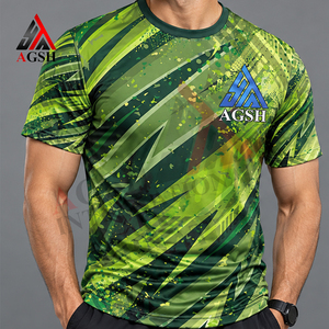 Camiseta Deportiva de Manga Corta para Hombre AGSH, Estampado por Sublimación, Patrón Geométrico Verde, Secado Rápido, Corte Ajustado, Cuello Redondo - Product Image 1