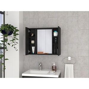 Armadietto a Specchio a Doppia Anta con Finitura Wengue Nero e Ripiano Esterno, Mensole per Bagno - Product Image 5