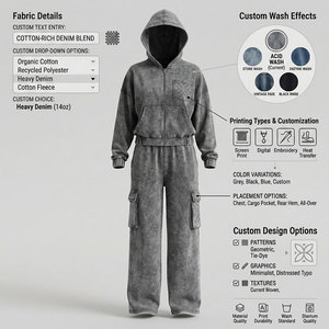Ensemble de survêtements OEM 2 pièces pour homme, en molleton imprimé, effet délavé, gris uni, décontracté, à manches longues, coupe ample, hiver, 100% coton - Product Image 4