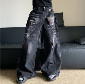 Jean en denim déchiré taille haute à jambe large pour homme, style streetwear, coupe ample, en coton, style automne - Product Image 3