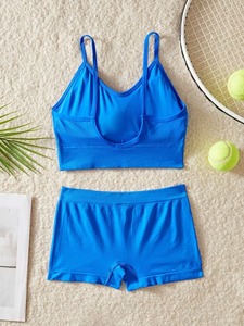 <b>Blue</b> Two Piece Yoga Set Women Spaghetti Strap Sports <b>Bra</b> And Shorts Seamless Solid Color Mid Waist Elastic Waist Workout Wear - Product Image 4