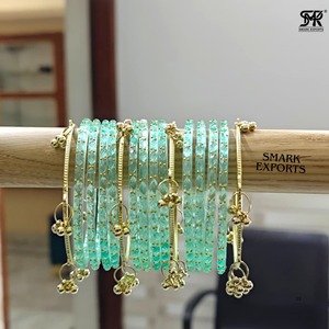 Luxury Handmade Sea Green Kashmiri Raindrop Glass Bangle Set Ghungroo Gold Plated Traditional Ethnic Wedding Jewelry for Women - Product Image 2