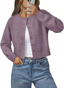 Cárdigan de punto corto morado para mujer, suéter informal con botones y cuello redondo de manga larga - Product Image 3