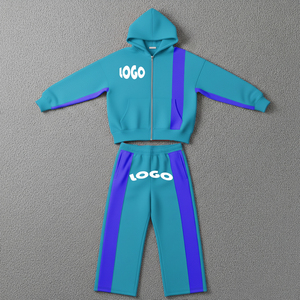 Custom 100% Cotton French Terry Embroidery Side Stripe Boxy <b>Cropped</b> <b>Zip</b> <b>up</b> Hoodie and Jogger Set Tracksuit Sweatsuit for Men - Product Image 4
