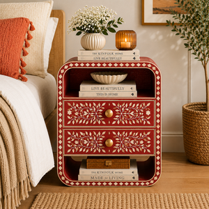 Stylish Floral Resin Bone Inlay Nightstand With Drawers & Shelf Cabinet <b>Bedside</b> End <b>Table</b> For Bedroom Hotel Premium Home Decor - Product Image 3