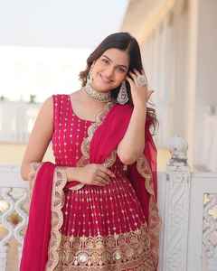 Precioso conjunto de imitación Georgette Gharara Plazzo acampanado largo Dupatta a juego pesado con lentejuelas trabajo elegante traje de Salwar - Product Image 4