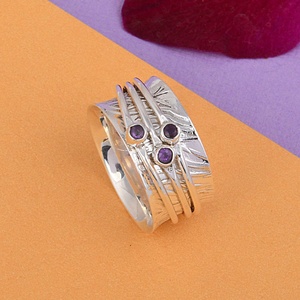 Natural Amethyst 925 Sterling Silver Handmade <b>Spinner</b> <b>Ring</b> Wide Band Meditation <b>Rings</b> Artisan Fidget Jewelry for Women - Product Image 4