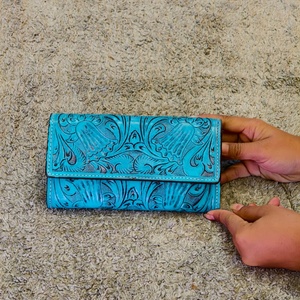 Handcrafted Tooling Carving Embroidery Women's Genuine Leather Sky Blue Clutch Long Wallet Card Holder Vintage Wholesale Tassels - Product Image 1