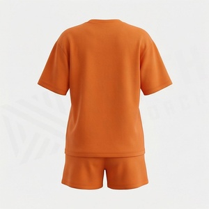 Ensemble décontracté 2 pièces tricoté pour femme : T-shirt orange uni à manches courtes et short au-dessus du genou, coupe ample, idéal printemps-été - Product Image 2