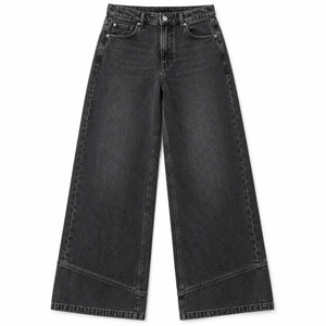 Jeans de Mezclilla de Cintura Alta y Pierna Ancha para Mujer, con Dobladillo Diagonal, Lavado Negro, Estilo Hip Hop - Product Image 1