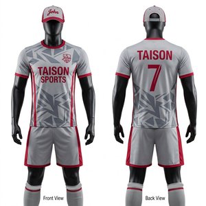 Ensemble de football pour hommes de qualité supérieure, en polyester respirant 180 GSM, avec design à panneaux gris et rouge, maillot et short, impression personnalisée - Product Image 1