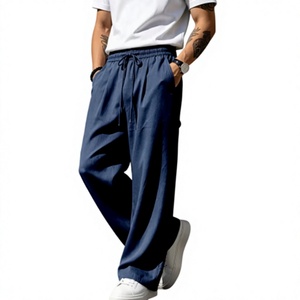 Men's <b>Wide</b> <b>Leg</b> Drawstring <b>Pants</b> Breathable Elastic Waist Casual Trousers Lightweight Summer Loose Fit - Product Image 1