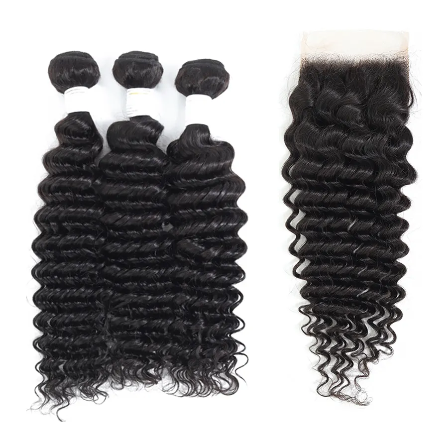 Deep Curly Human Hair Indian Hair Curly 3 Bundles With 4x4 Transparent Lace Closure In Wholesale Price For Black Woman