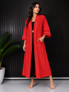 Bata Larga de Algodón Roja para Mujer, Manga Tres Cuartos, Color Sólido, Estilo Casual con Bolsillos, Tela Gruesa - Product Image 1