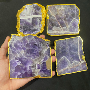Amethyst Crystal Slice <b>Coaster</b> Polished Irregular Shape <b>Gold</b> Edged Home Decoration Feng Shui Stone Craft - Product Image 1