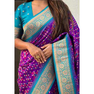 Elite Weaves <b>Purple</b> Premium Patola <b>Saree</b> Soft Silk Zari Woven with Contrast Weaves Indian & Pakistani Clothing 0.6g - Product Image 3