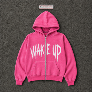 เสื้อฮู้ดซิปสีชมพูสดขนาดใหญ่พิมพ์ลาย Wake Up สไตล์สตรีทแวร์สำหรับผู้ชาย เสื้อฮู้ดซิปเต็มตัวลำลองแฟชั่นแนวอเมริกัน - Product Image 5