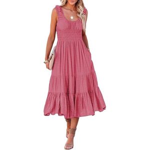 Abito Estivo Casual da Donna a Trapezio Senza Maniche con Smock, Lunghezza Midi, con Rose, Taglia XL Plus, a Balze e con Tasche - Product Image 2