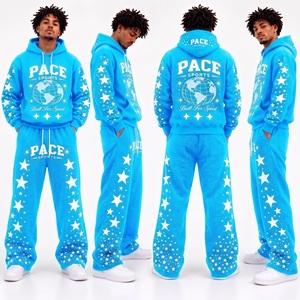 Conjunto deportivo retro para hombre en morado oscuro con estampado de estrellas en toda la prenda, sudadera con capucha y pantalones de chándal de pierna ancha con estampado en relieve, conjunto de forro polar grueso. - Product Image 6