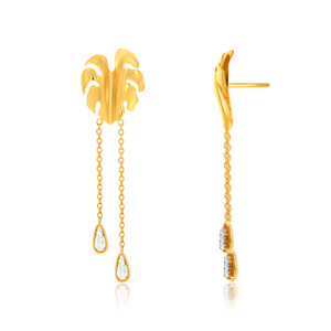 Luxury Gold Statement Drop <b>Earrings</b> with Botanical Leaf Inspired <b>Stud</b> Design Long <b>Chain</b> Dangles and Sparkling Teardrop Stone - Product Image 3