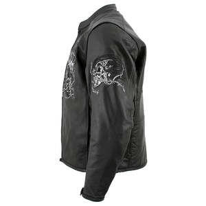 Blouson de moto pour homme en cuir véritable noir, broderie tête de mort gothique, design fil barbelé, fermeture éclair intégrale, col montant - Product Image 4