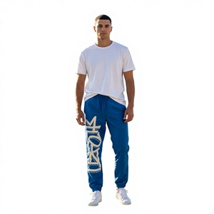 <b>Men's</b> Blue Polyester Sweatpants With <b>White</b> Logo Print Elastic Waist Drawstring Casual Joggers Lightweight Spring Style - Product Image 6