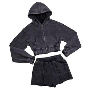 Top Trending Women's Acid Washed Women's Multi Pockets Crop Zip Up Hoodie & Shorts Girl's <b>Embroidery</b> Patches Vintage Crop <b>Sets</b> - Product Image 6