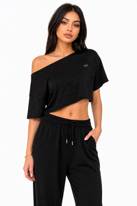 Camiseta de mujer asimétrica con pedrería, de moda, con hombros descubiertos, manga corta, para todas las estaciones, estilo glamuroso, con logo personalizado, top corto, para fiesta, color negro. - Product Image 5