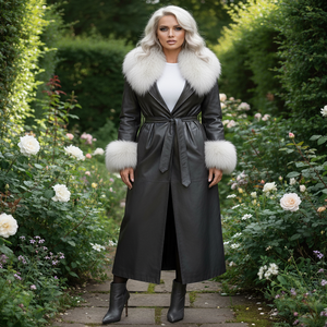 เสื้อโค้ทเทรนช์ผู้หญิงแบบยาว ดีไซน์เข็มขัดหนังปลา แต่งขนสุนัขจิ้งจอก ซับในผ้าไหม ขายส่ง รับสั่งทำ - Product Image 5