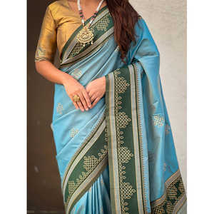 Traditional Zari Contrast Woven Saree Soft Silk Baby Blue <b>Club</b> <b>Dress</b> with Elegant Style - Product Image 2