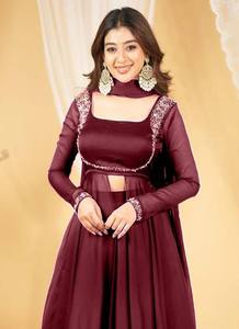 Premium Silk Satin Women's Anarkali Style Knee Length 3 Pieces Kurta Pant Dupatta <b>Set</b> with Hand Embroidery and Woven Detail - Product Image 4