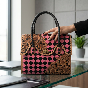 Women's High Quality Genuine <b>Leather</b> Tote Bag With Black Pink Color Checkered Floral <b>Tooled</b> Vintage Style Hasp Closure Daily Use - Product Image 6