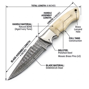 Couteau à dépecer en acier Damas fait main, manche en os avec embout en acier, lame fixe pour la chasse, le camping, l'EDC, l'usage extérieur - Product Image 2