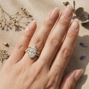 Oval Cut Halo Engagement <b>Ring</b> <b>Set</b> 14K <b>Gold</b> Lab Grown Diamond Vintage Bridal <b>Ring</b> <b>Set</b> for Women - Product Image 3