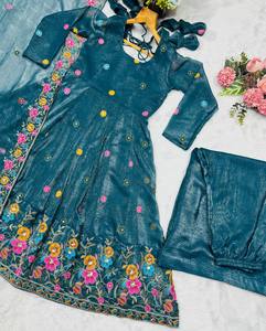 Premium crunchy silk multi embroidery <b>sequins</b> gown full sleeves cotton inner sharara set dupatta embroidered wear women outfit - Product Image 6