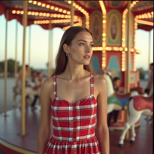 Robe midi boutonnée à carreaux de couleur rouge, blanche et bleue pour l'été décontracté, temps chaud, robe t-shirt en coton pour femmes - Product Image 1