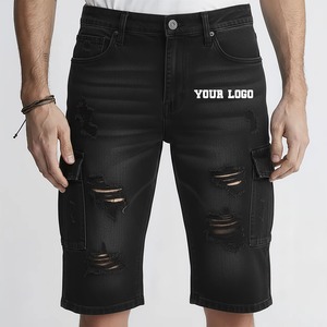 Shorts cargo déchirés noirs pour hommes, taille mi-haute, fermeture boutonnée, style décontracté, imprimé logo avant - Product Image 5