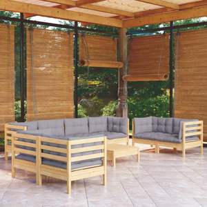 Ensemble de salon de jardin en bois naturel avec coussins gris - Product Image 1
