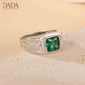 Men's White Gold Signet Ring With <b>Emerald</b> Cut Green Stone And Diamond Accents Everyday Wear Style - Product Image 2
