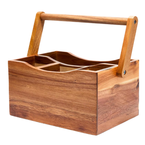 Organisateur de couverts en bois avec poignée |   Porte-ustensiles de cuisine multifonctionnel |   Panier de rangement à compartiments pour cuillères et fourchettes - Product Image 3